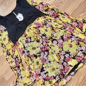 Free People Floral Chiffon Dress NWT — Yellow Pink Print Long Sleeve (Size S)